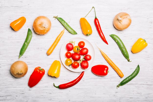 Vegetables around plate with cherry tomatoes