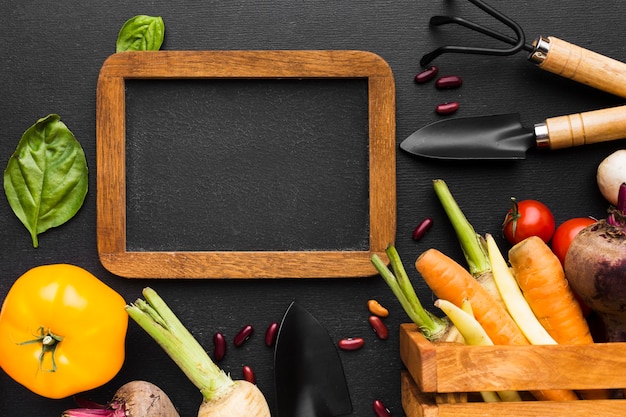 Vegetables arrangement on dark background with frame