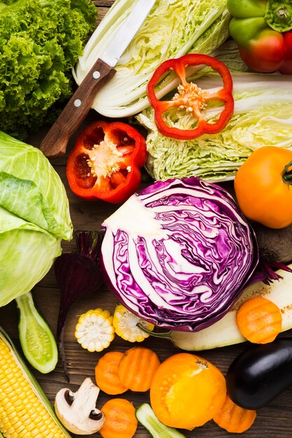 Vegetables assortment on wooden background