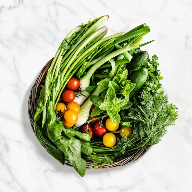 Free photo vegetables basket in flat lay style