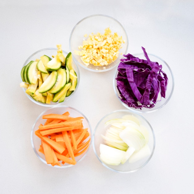 Vegetables in bowls