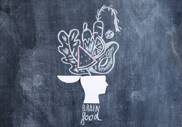 Vegetables drawn over the open head on chalkboard