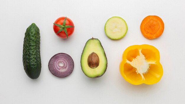 Vegetables and fruit arrangement top view