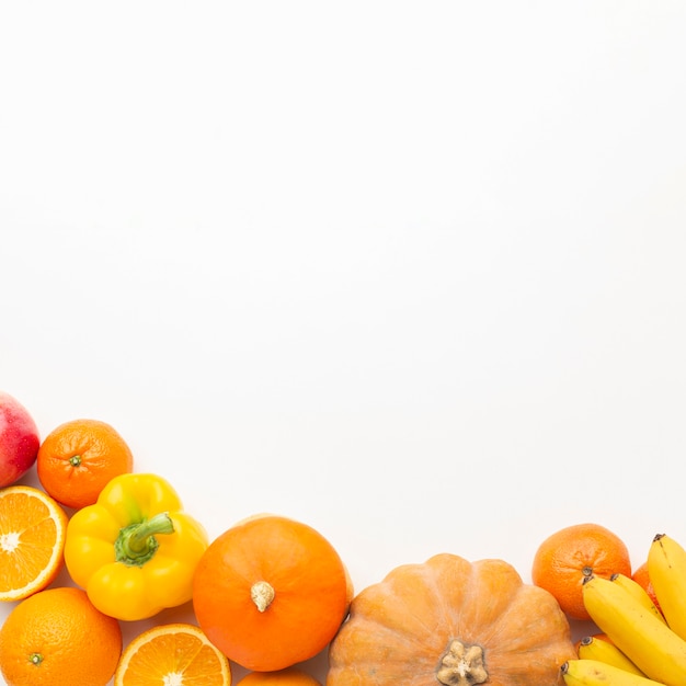 Vegetables and fruits assortment flat lay