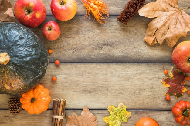 Vegetables and fruits on wood board