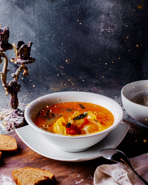 Vegetables soup colored hot with vegetables pieces inside white plate on the bright surface