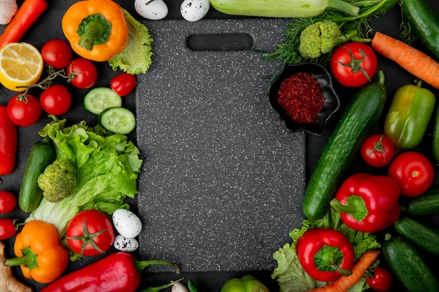 vegetables with cutting board on maroon table