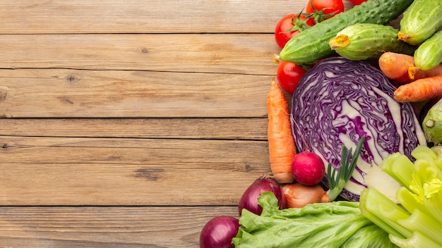 Vegetables on wooden table top view