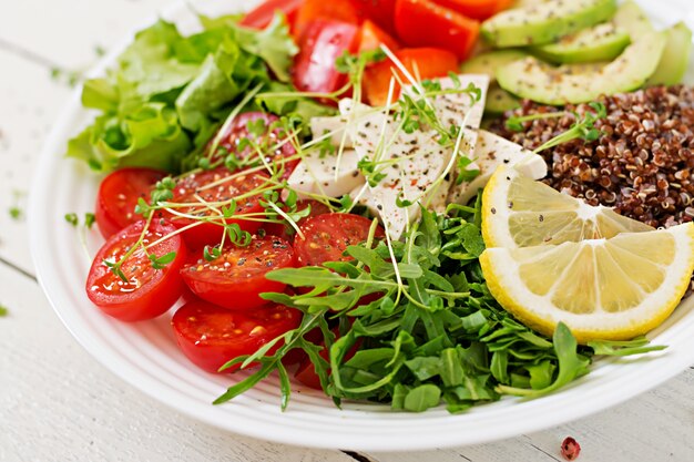 Vegetarian Buddha bowl with quinoa, tofu cheese and fresh vegetables. Healthy food concept. Vegan salad.