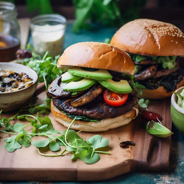 Free photo vegetarian burger with grilled mushrooms avocado arugula and cucumber