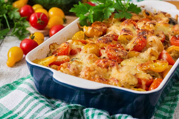Vegetarian Vegetable casserole with zucchini, mushrooms and cherry tomatoes