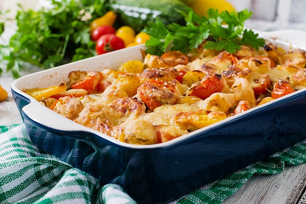 Free photo vegetarian vegetable casserole with zucchini, mushrooms and cherry tomatoes