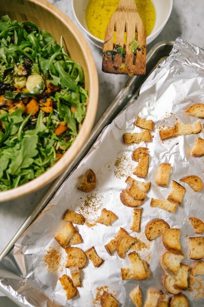 Veggies dish on brown wooden bowl