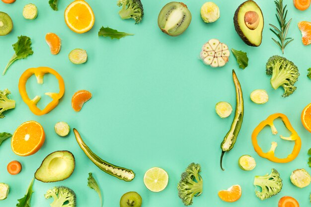 veggies and fruit copy space top view