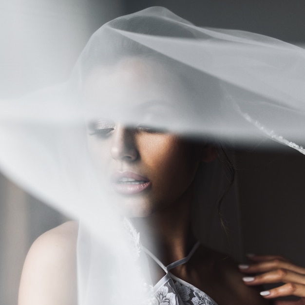 Veil covers bride's face tender while she stands before a window 