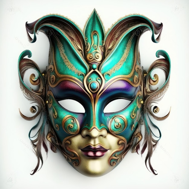 白い背景に分離されたベネチアン ・ カーニバル マスク正面図でカーニバルの仮面舞踏会 1 つのマスク テンプレート