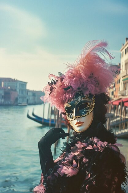 Venice carnival with people wearing traditional costumes with masks