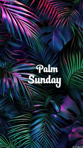 Palm Sunday backg라는 글자가 새겨진 네온 색상으로 얽힌 야자잎으로 만든 수직 배너