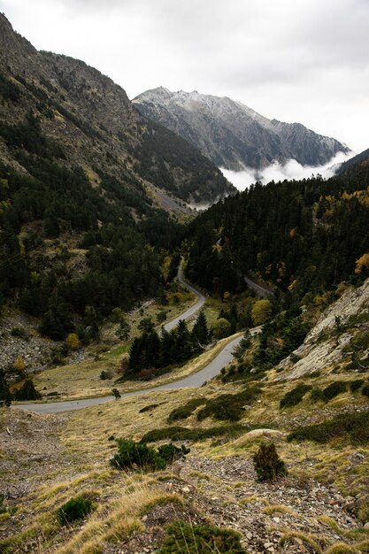 Vertical breathtaking shot of a road and the cloudy sky in the Pyrenees