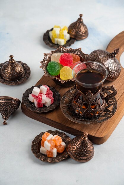 Vertical close up of traditional Turkish tea table