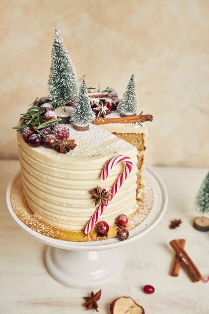 Vertical closeup of a Christmas cake missing one slice