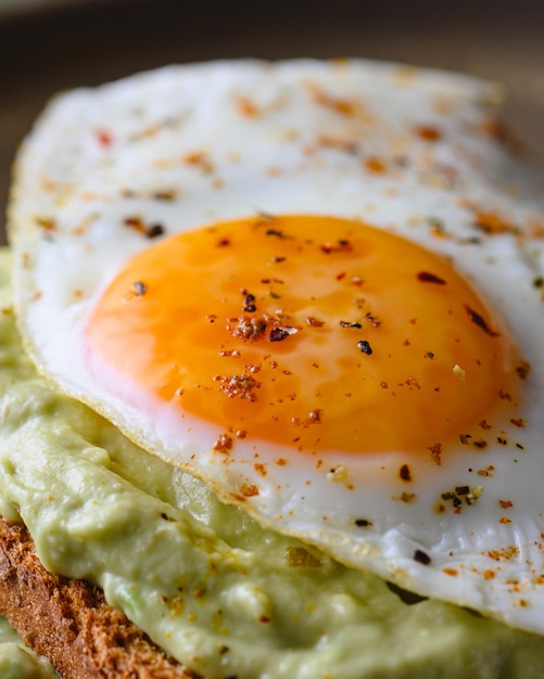 Vertical closeup of a delicious fried egg with seasoning on it on an avocado toast