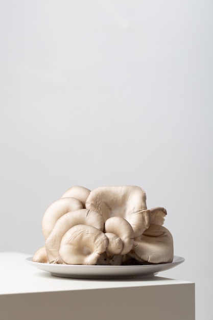 Vertical closeup of oyster mushrooms on a plate on the table under the lights on a white background