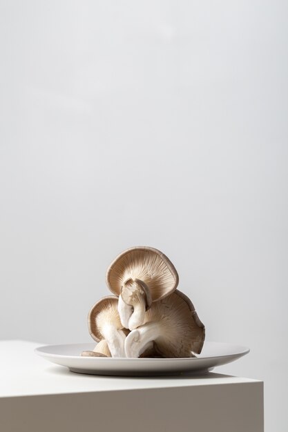 Vertical closeup of oyster mushrooms on a plate on the table under the lights