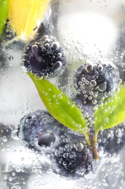 Vertical closeup shot of blueberries in sparkling water