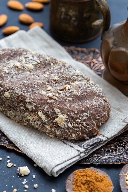 Vertical closeup shot of a fresh raw vegan bread