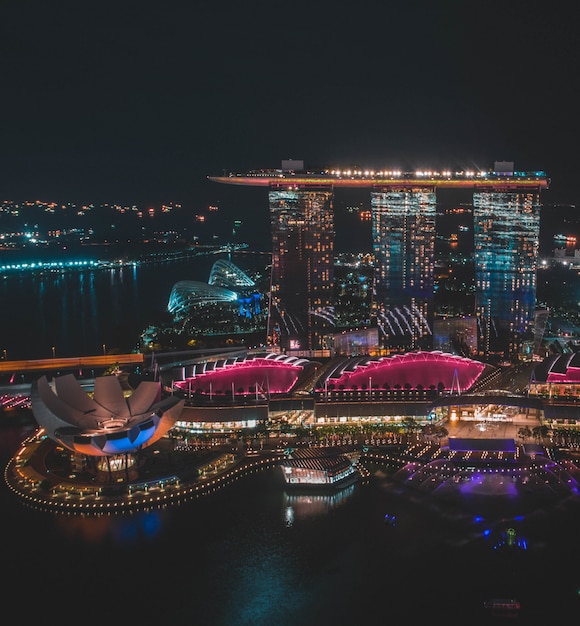 シンガポールの夜間のシンガポールマリーナベイサンズの垂直遠方ショット