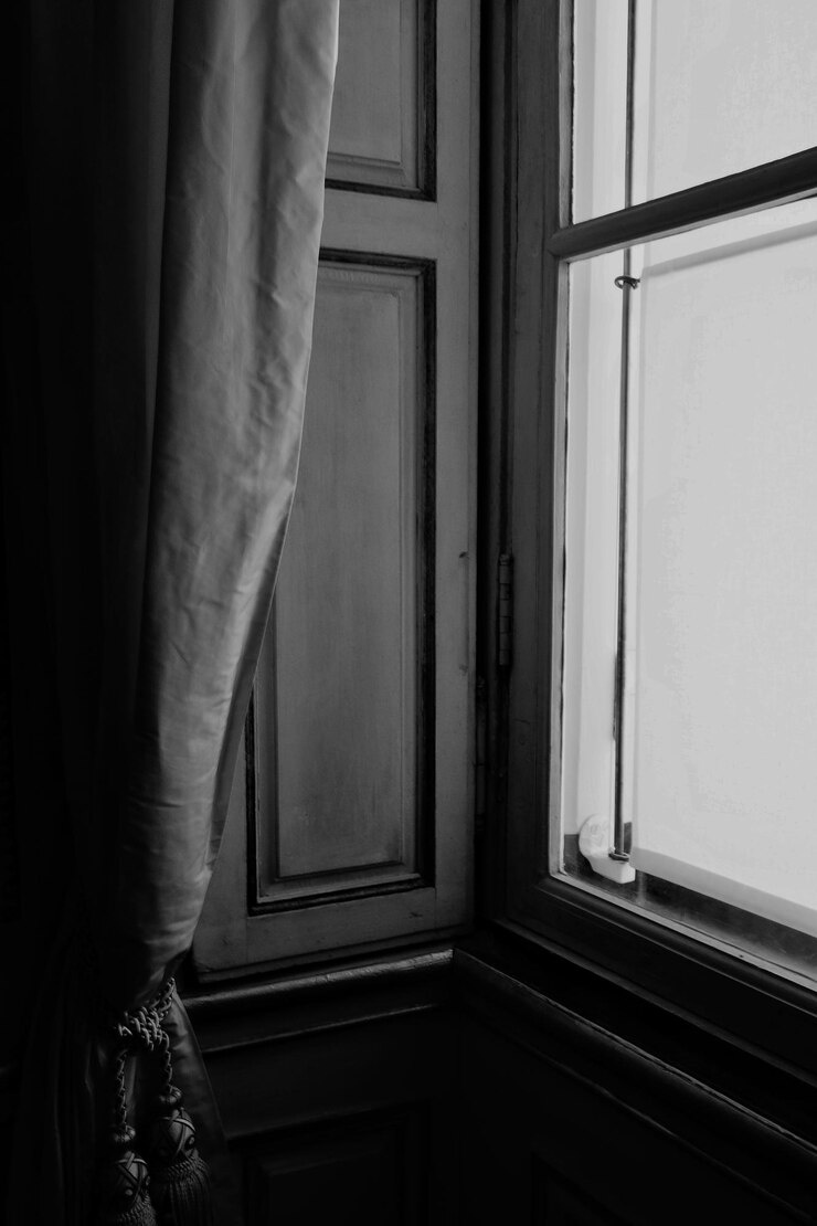 Free Photo vertical grayscale shot of the inside of an apartment with a wardrobe and window during the day
