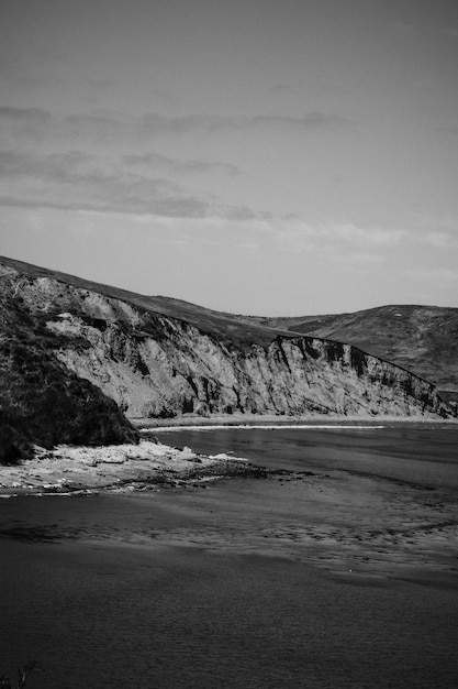 Vertical greyscale shot of the rocks on the shore of the sea