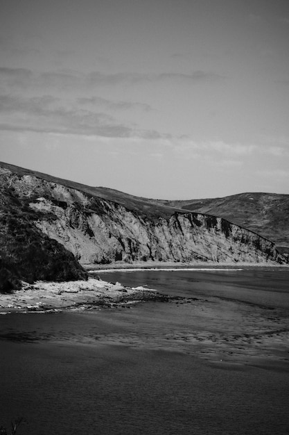Вертикальный снимок скал на берегу моря в оттенках серого