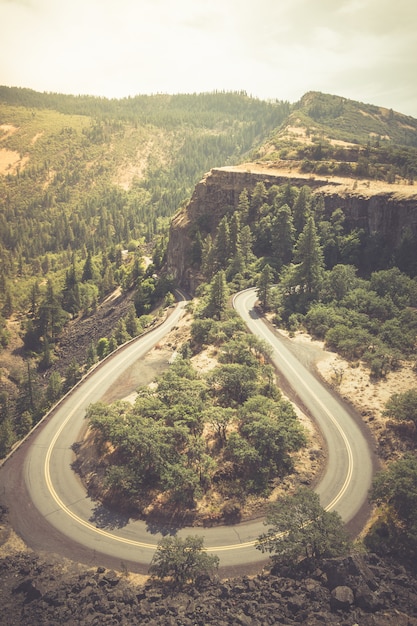 Vertical high angle shot of the Historic Columbia River Highway in Oregon