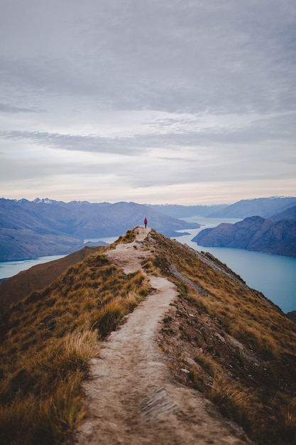 Vertical high angle shot of a person standing on the end of walking road on Roys Peak in New Zealand