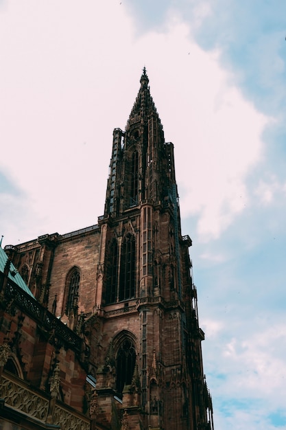 フランス、ストラスブールで撮影されたノートルダム大聖堂の垂直ローアングルショット