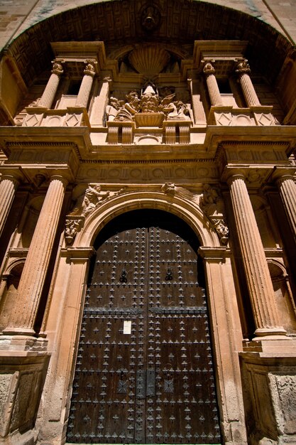 Vertical low angle shot of the steel gate on the entrance of a magnificent historical building