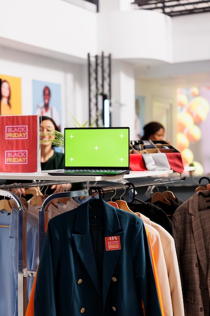 Free photo vertical photo of open laptop with chroma key green screen standing on clothing rack during black friday sales in retail store. inventory management softwares for apparel retail