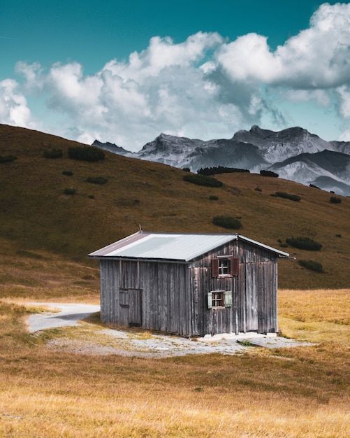 Vertical picture of an abandoned wooden house in the middle of nowhere