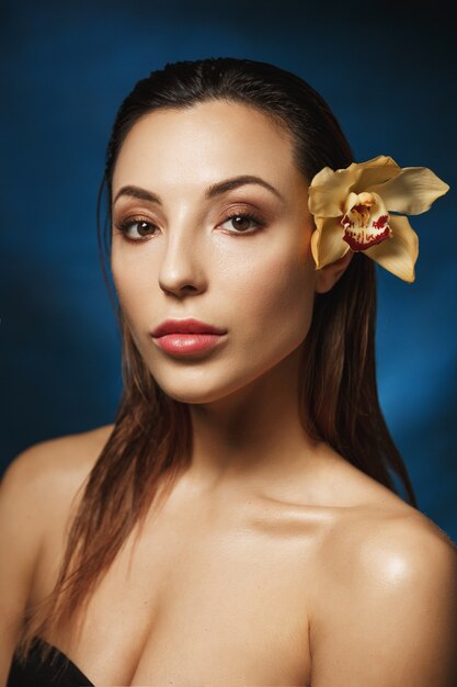 Vertical portrait of gorgeous posh brunette woman 