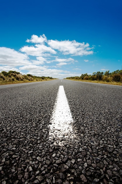 Vertical shot of an asphalt road under the blue sky