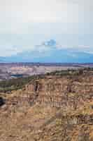 Free photo vertical shot of a beautiful canyon with rocky cliffs and a high snowy mountain