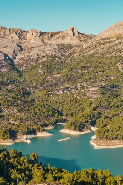 Vertical shot of the beautiful Guadalest reservoir in Alicante, Spain