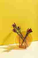 Free photo vertical shot of beautiful red billbergia flowers in a glass vase against a yellow wall