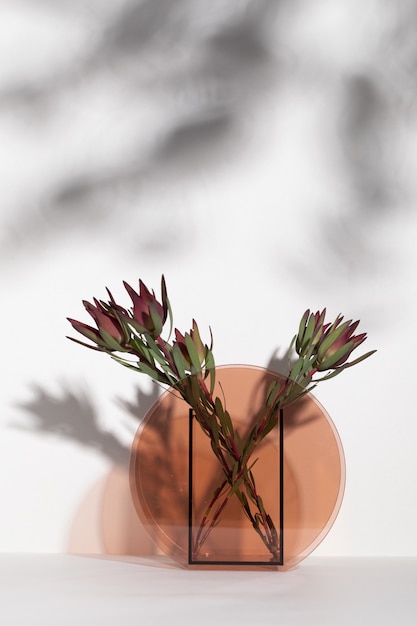 유리 꽃병에 아름다운 붉은 billbergia 꽃의 세로 샷