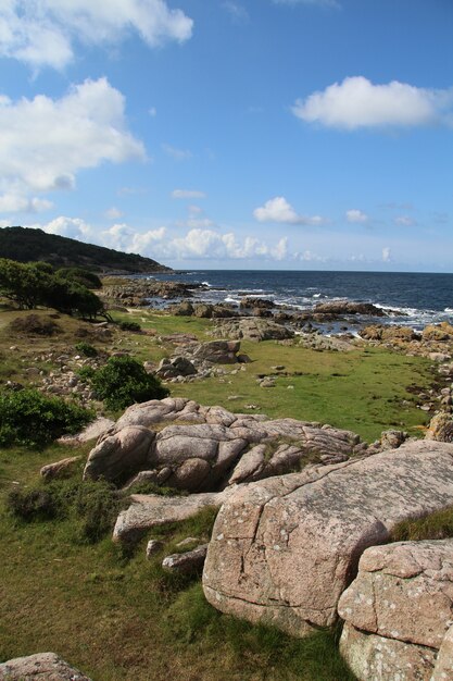 デンマーク、ボーンホルム島、ハンマーオッドの大きな岩のある美しい海岸風景の垂直ショット