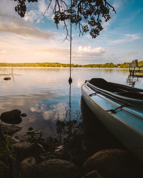 Vertical shot of a boat on a lake surrounded by plants and stones