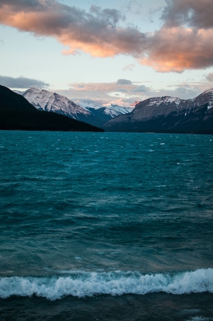 Vertical shot of the body of water near the snowy mountain at the Grand Teton National Park