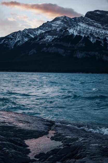 Vertical shot of the body of water near the snowy mountain